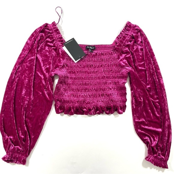 En Saison Danbury Crushed Velvet Long Sleeve Smocked Top - Picture 2 of 7